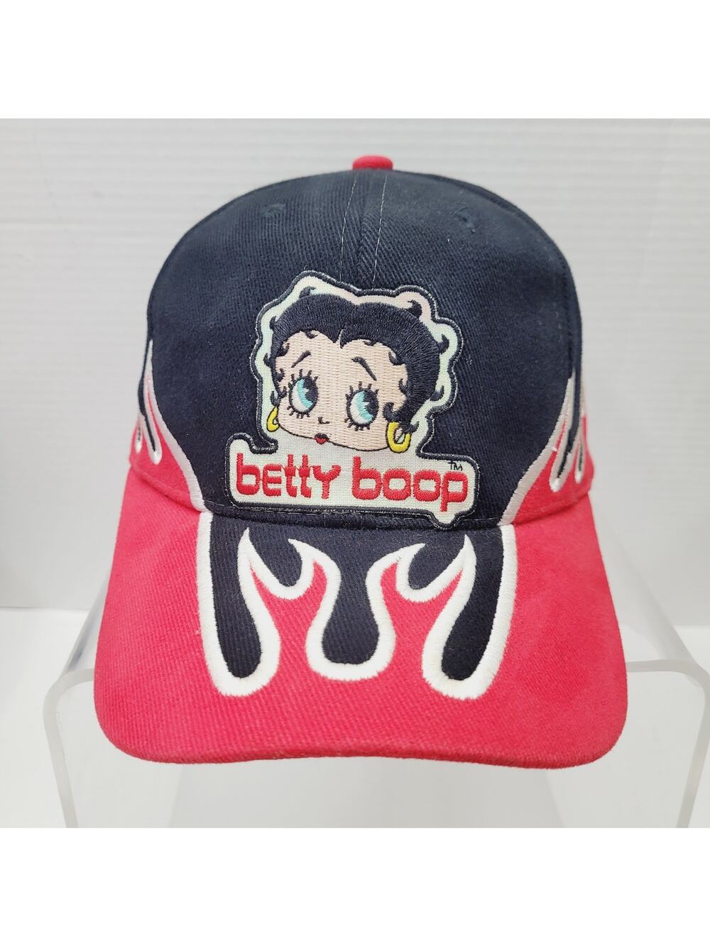 Vintage BETTY BOOP Hat Nissin Blockhead Flames Snapback Hat Black Red White - Picture 1 of 7